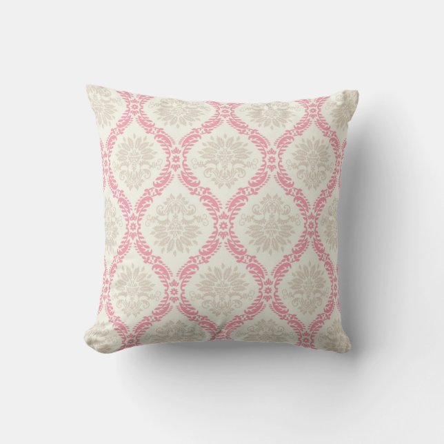 melon rosa kräm taupe damastmönster kudde (Framsida)