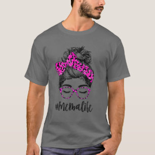 Mema Life Messy Bun Rosa Leopard Skriv ut Kvinnor  T Shirt