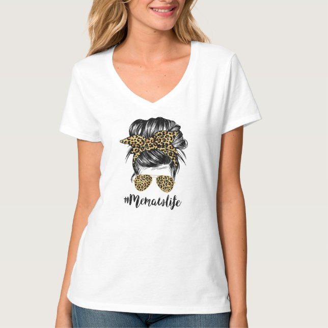 Memaw Life Messy Hair Bun Leopard Women T Shirt (Framsida)