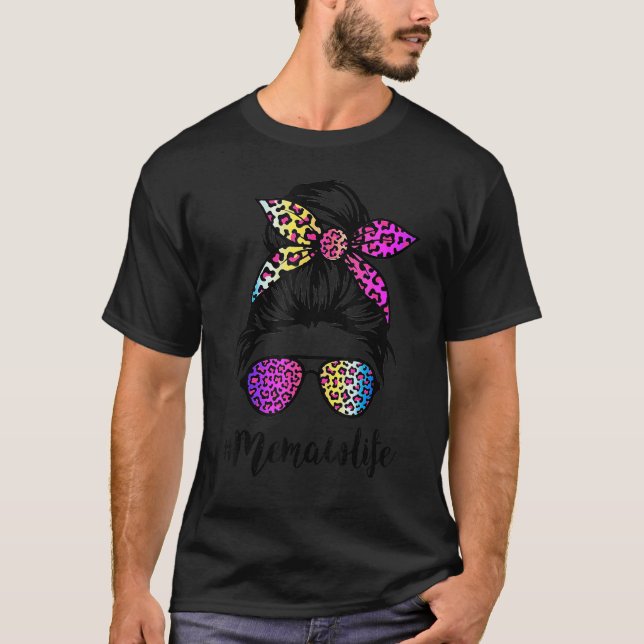 Memaw Life with Rainbow Leopard Messy Bun Mor T Shirt (Framsida)