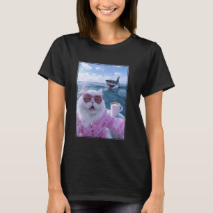 Meme Katt på Yacht Båt med Haj Bakom T Shirt