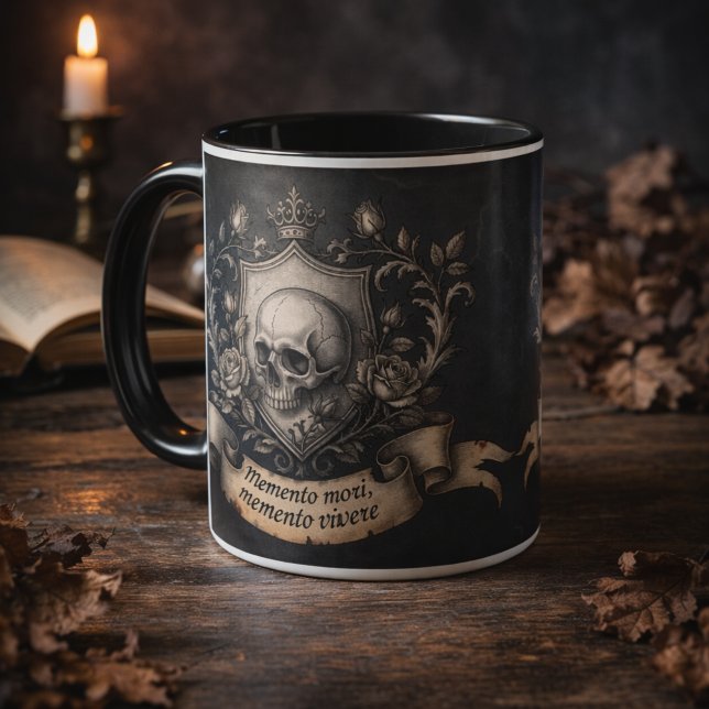 Memento Mori Dödskalle Gotisk Latinsk Citat Konst Mugg (Memento Mori Skull Crest Gothic Latin Quote Art Mug)