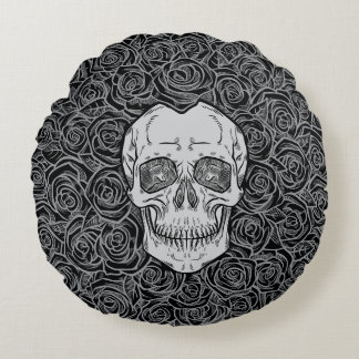 Memento Mori! Dödskalle och rosor, handritad Rund Kudde