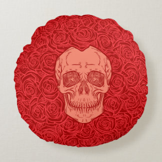Memento Mori! Dödskalle och rosor, handritad Rund Kudde