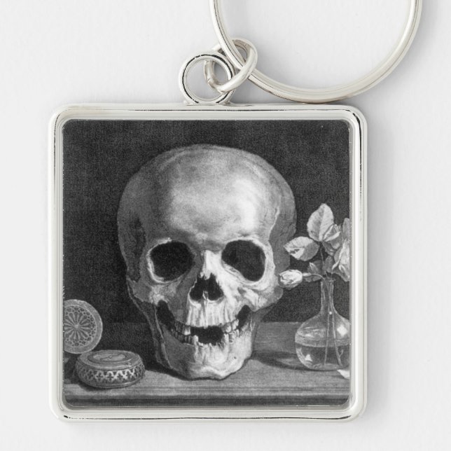 Memento Mori Keychain Fyrkantig Silverfärgad Nyckelring (Framsidan)