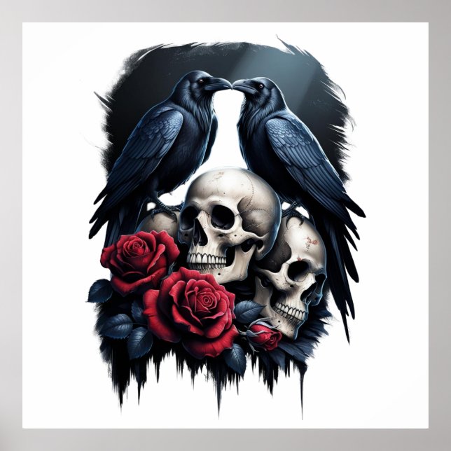 Memento Mori: Mörk Blommigt Composition med Raven Poster (Framsidan)