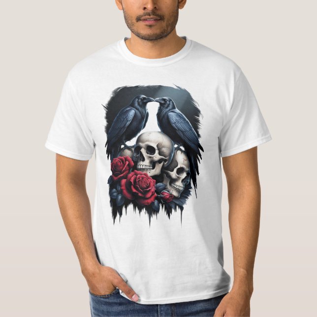 Memento Mori: Mörk Blommigt Composition med Raven T Shirt (Framsida)
