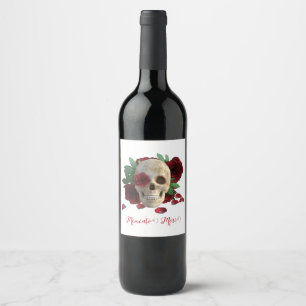 Memento Mori. Skal med röd ros Vinflaska Etikett