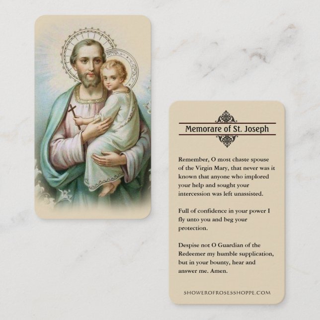 Memorare Prayer St. Joseph & Jesus Heliga Card Placeringskort (Fram/baksida)