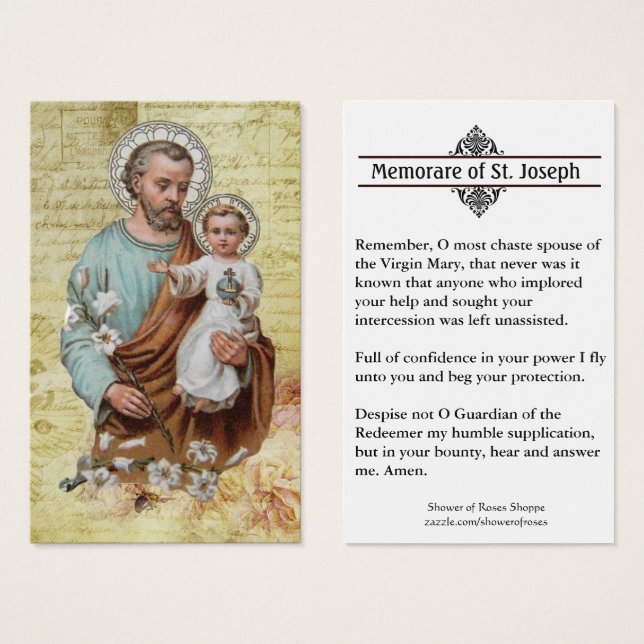 Memorare Prayer St. Joseph & Jesus Heliga Card Visitkort (Framsida & baksida)