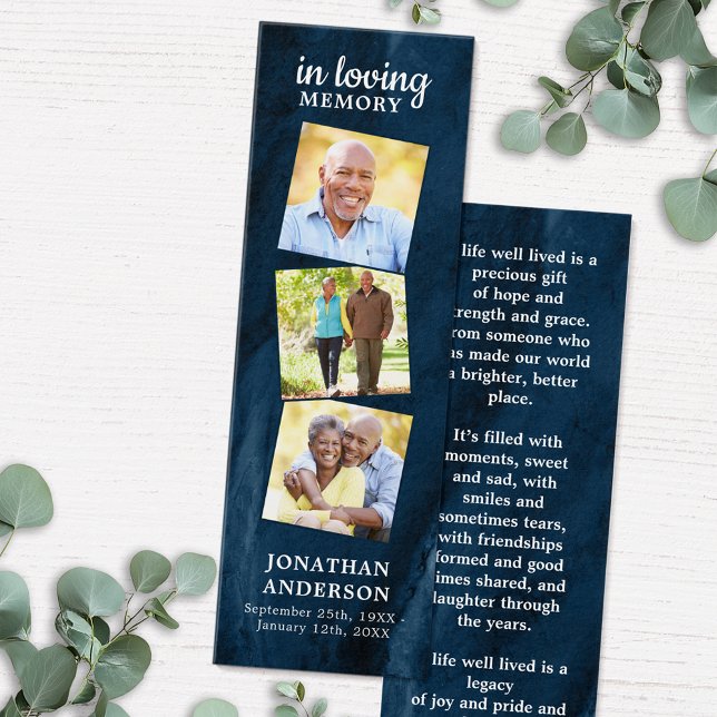 Memorial 3 Photo Blue Funeral Prayer Bookmark Litet Visitkort (Skapare uppladdad)