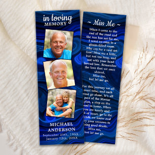 Memorial 3 Photo Dikt Funeral Prayer Bookmark Blue Litet Visitkort
