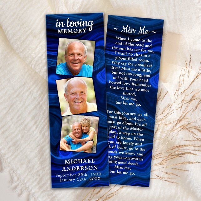 Memorial 3 Photo Dikt Funeral Prayer Bookmark Blue Litet Visitkort (Skapare uppladdad)