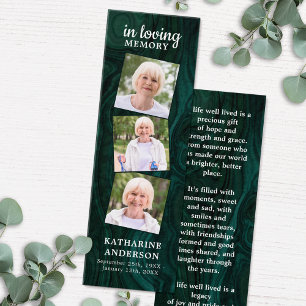 Memorial 3 Photo Grönt Funeral Prayer Bookmark Litet Visitkort