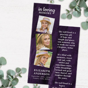 Memorial 3 Photo Lila Funeral Prayer Bookmark Litet Visitkort