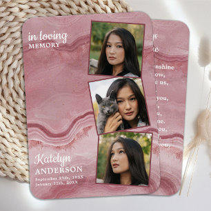 Memorial 3 Photo Rosa Marble Funeral Prayer Card Visitkort