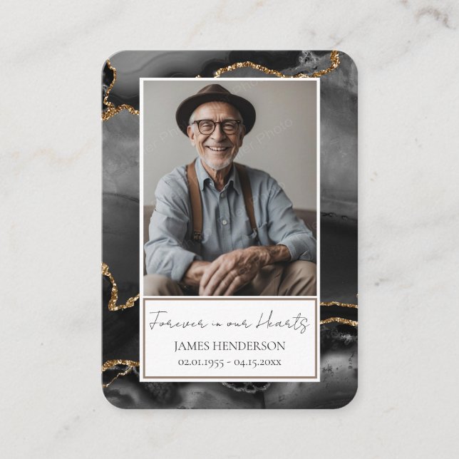 Memorial Black Guld Stone Photo Funeral Keepsak Visitkort (Framsida)