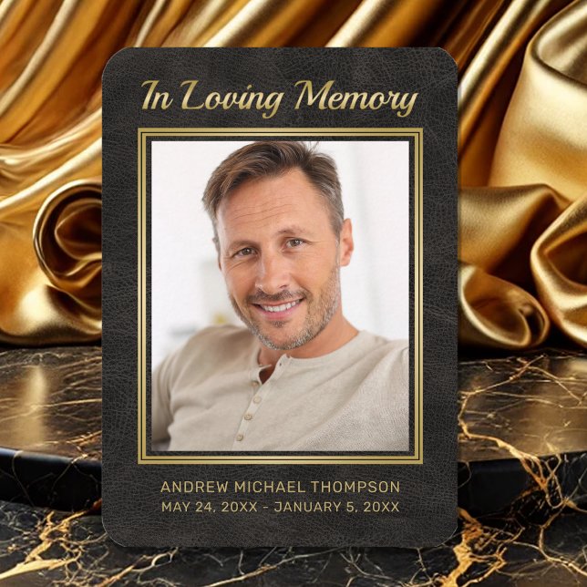 Memorial Black Leather Guld-fotopatal Visitkort (In Loving Memory Black and Gold Faux Leather Photo Funeral Card)