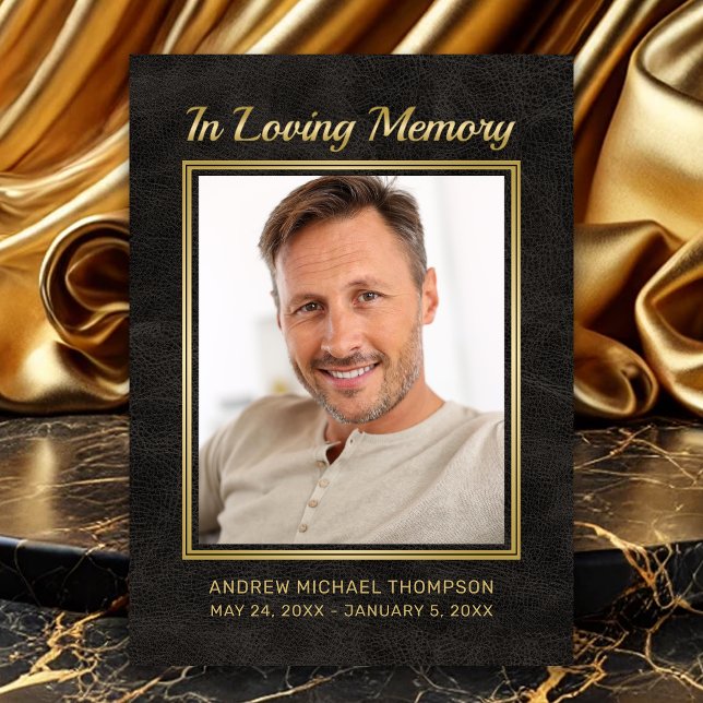 Memorial Black Leather med Guld Photo Sympathy Tack Kort (In Loving Memory Faux Black Leather Photo Funeral Thank you card.)