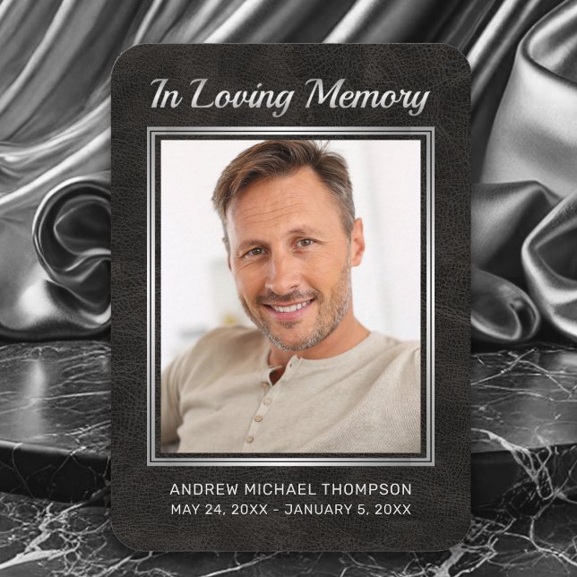Memorial Black Leather Silver-fotopatal Visitkort (In Loving Memory Faux Black Leather with silver Photo Funeral Card with Poem)