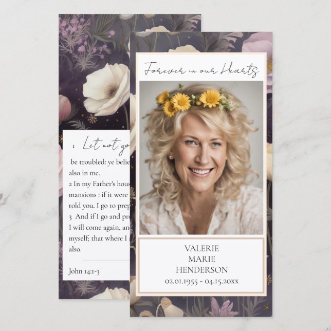 Memorial Blommigt Photo Funeral Keepsak Tack Kort (Fram/baksida)