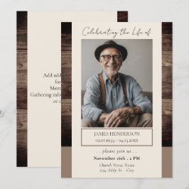 Memorial Blommigt Rusitc Wood Photo Funeral Inbjudningar