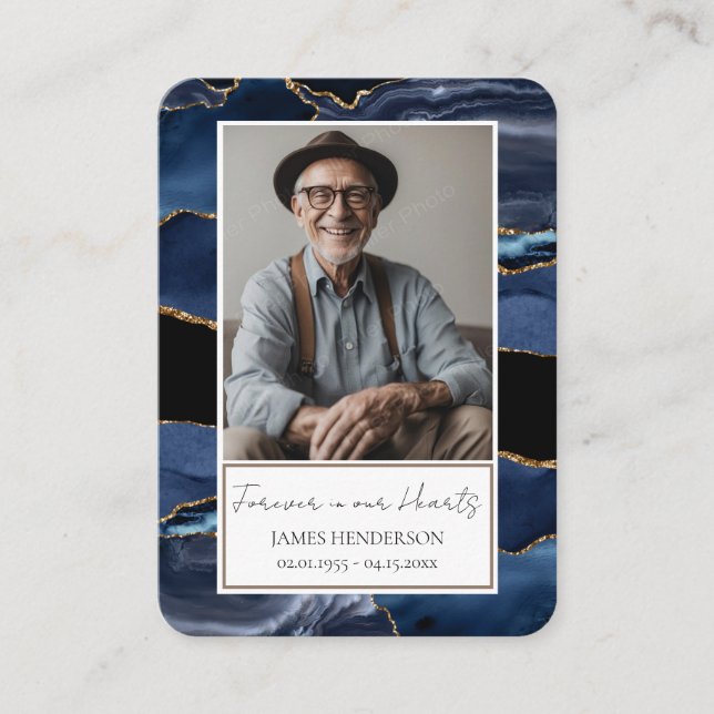Memorial Blue Guld Stone Photo Funeral Keepsak Visitkort (Framsida)