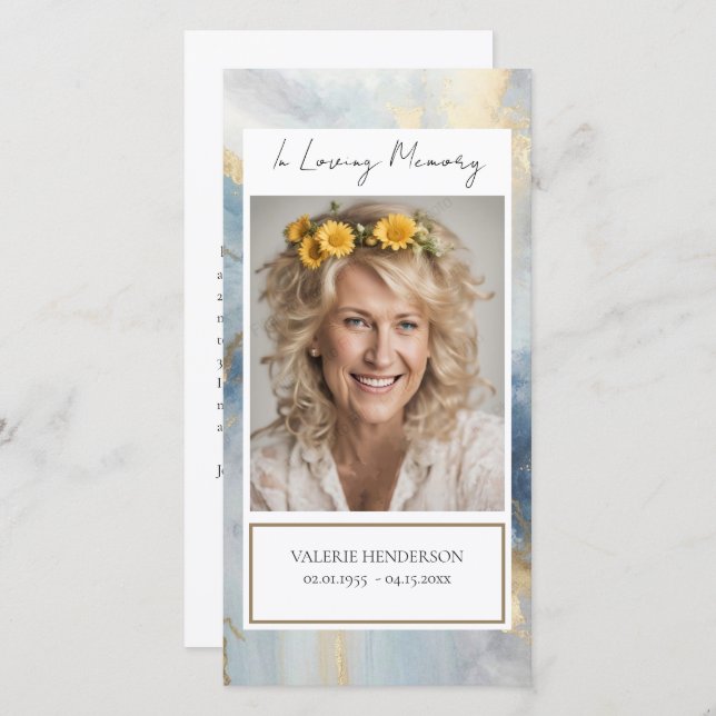 Memorial Blue och Guld Photo Funeral Bookmark Tack Kort (Fram/baksida)