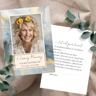 Memorial Blue och Guld Photo Funeral Keepsak Visitkort