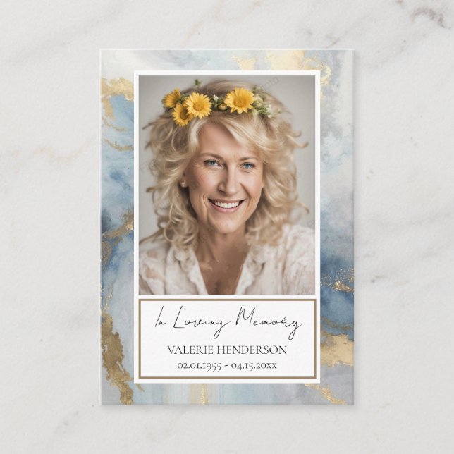 Memorial Blue och Guld Photo Funeral Keepsaki Busi Visitkort (Framsida)