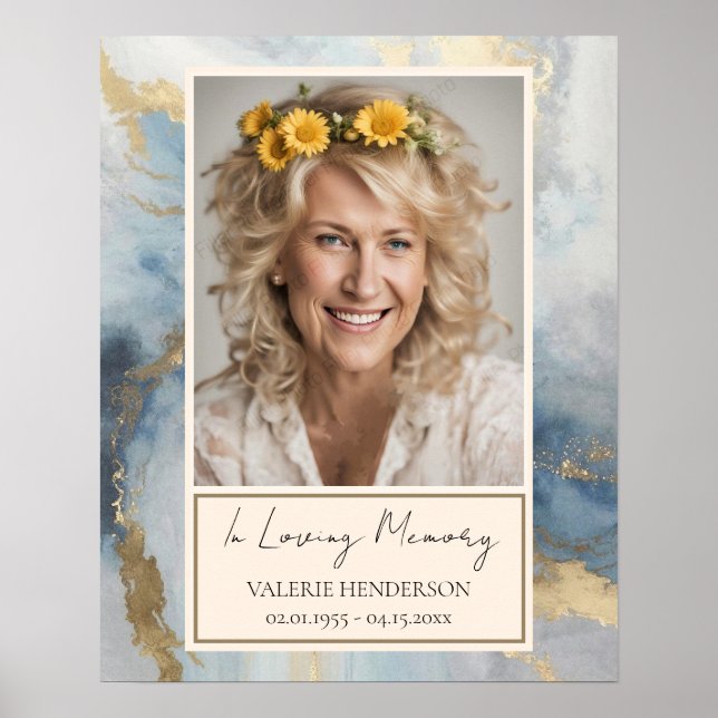 Memorial Blue och Guld Photo Funeral Välkommen Poster (Framsidan)