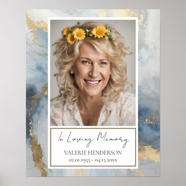Memorial Blue och Guld Photo Funeral Welcome Poste Poster (Framsidan)