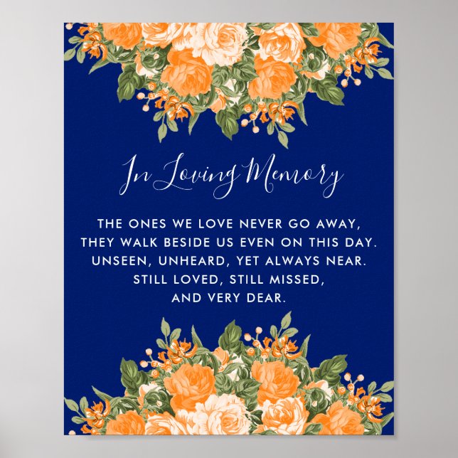 Memorial Bröllop - Orange Flowers on Navy Blue Poster (Framsidan)
