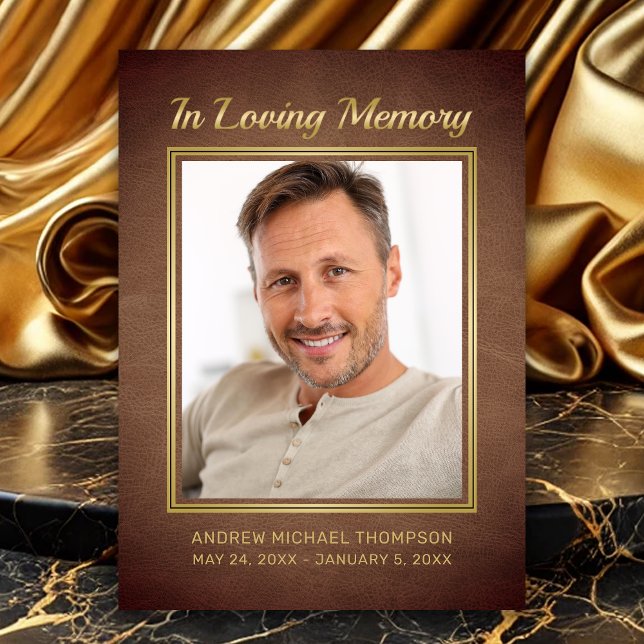 Memorial Brown Leather med Guld Photo Sympathy Tack Kort (In Loving Memory Faux Brown Leather Photo Funeral Thank You card)