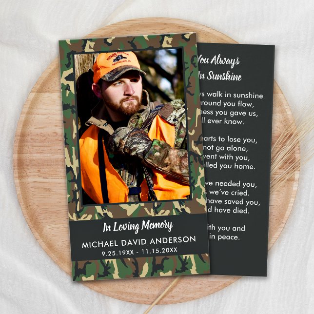 Memorial Camo Photo Sympathy Funeral Prayer Card Visitkort (Skapare uppladdad)