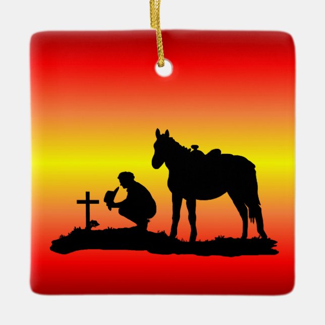Memorial Cowboyen vid Grave Silhouette-prnament Julgransprydnad Keramik (Framsida)