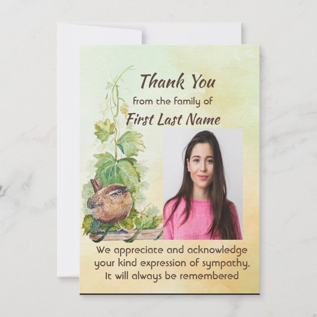 Memorial Custom Cute Wren Bird Thank you Tack Kort (Framsida)