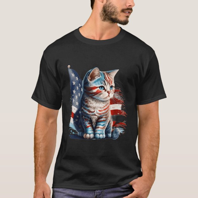 Memorial Dag 4 juli Patriotic USA flagga Cat T Shirt (Framsida)