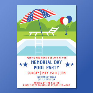 Memorial Day Bassäng Party Stars och stripes Moder Inbjudningar