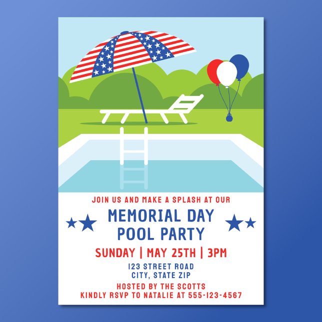 Memorial Day Bassäng Party Stars och stripes Moder Inbjudningar (Patriotic Memorial Day pool party invitation)