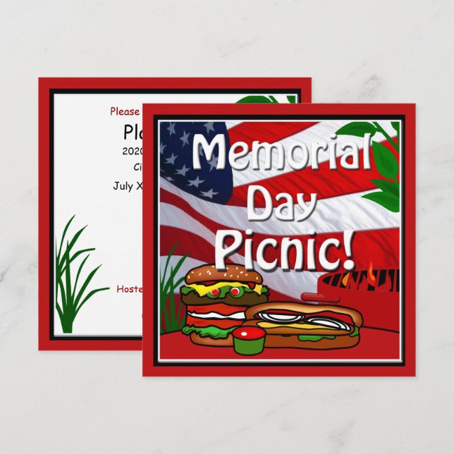 Memorial Day BBQ Grill Picnic Hamburger Hotdog Inbjudningar (Fram/baksida)