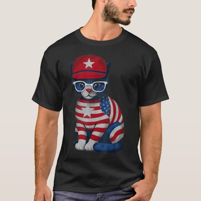 Memorial Day Cat, Lycklig 4 juli Patriotic USA T Shirt (Framsida)