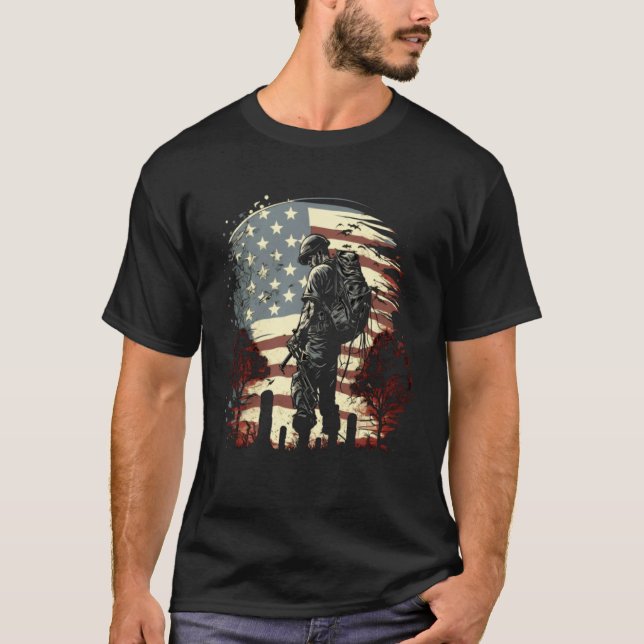 Memorial Day Fallen Veteran Soldier American Flag  T Shirt (Framsida)