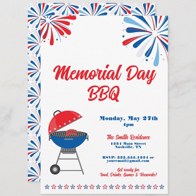 Memorial Day Party BBQ Patriotic Rött vitt blått Inbjudningar (Memorial Day BBQ Party Invitation, MDW Cookout Invite, Patriotic Summer Barbecue Party)