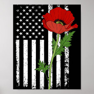 Memorial Day Red Poppy American Flagga Veteran Mil Poster