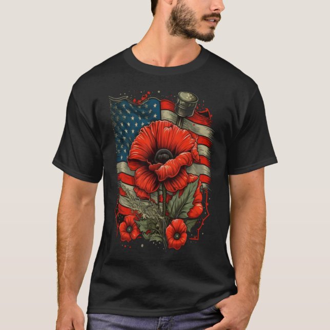 Memorial Day Red Poppy Flower American Flagga USA  T Shirt (Framsida)