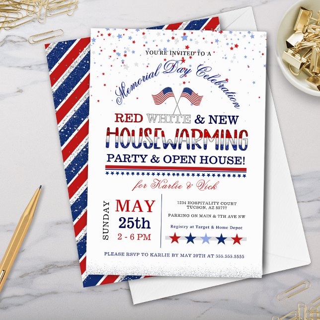 Memorial Day Red White New Houseuppvärmning Party Inbjudningar (memorial day housewarming party invitations with patriotic red white and blue new house inivtes)