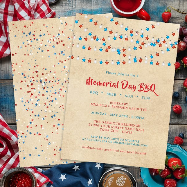 Memorial Day Stars String Ljus BBQ Inbjudningar (Memorial Day Stars String Lights BBQ Invitation)