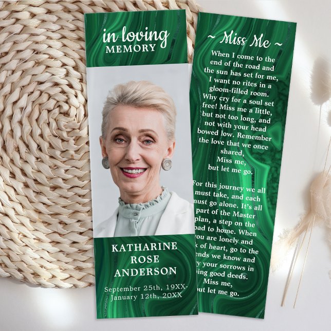 Memorial Dikt Emerald Grönt Photo Funeral Bookmark Litet Visitkort (Skapare uppladdad)
