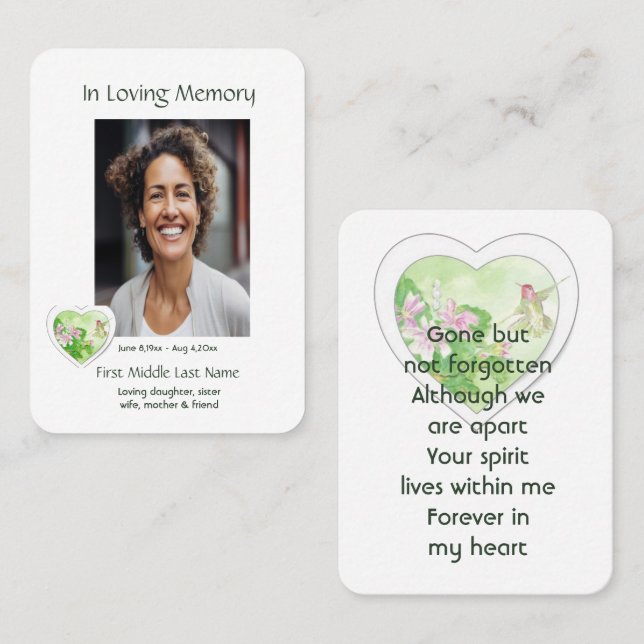 Memorial, Firande of Life, Service Hummingbird Visitkort (Fram/baksida)